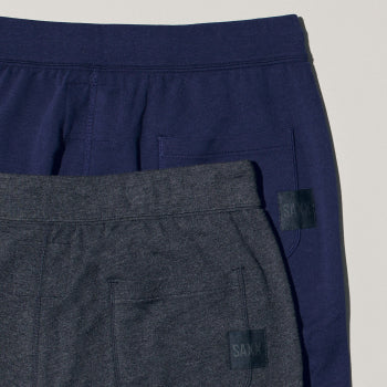Close up shot of blue lounge pant and gray lounge pant