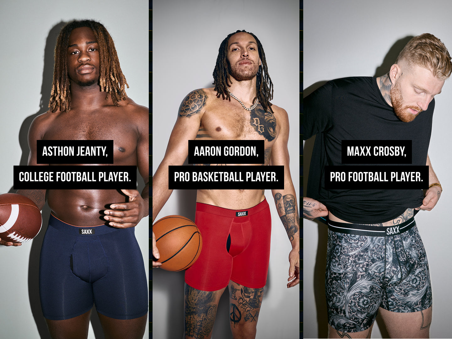 Three images of athletes wearing boxer briefs. One is holding a football. One is holding a basketball. One wears a black t-shirt.
