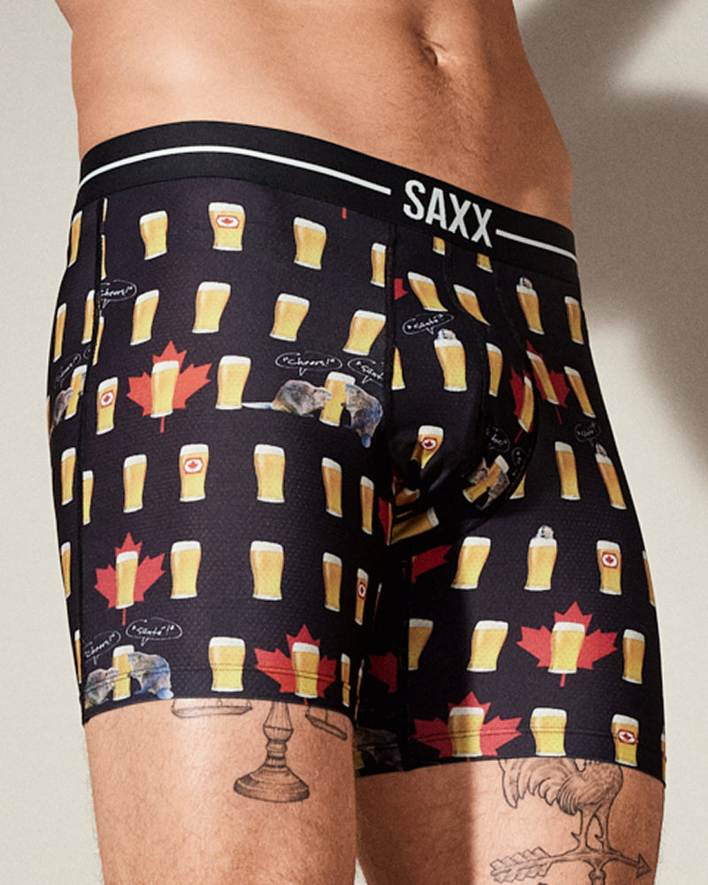 A close up of a beer-print pair of boxer briefs.