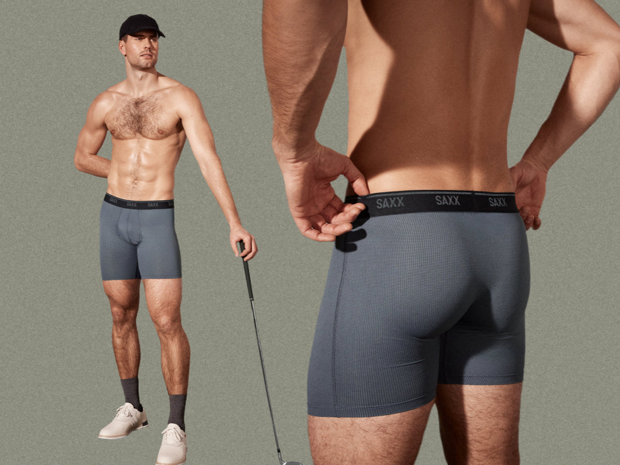 A man wearing boxer briefs and posing in a hiking pose with hiking poles in front of a grey background.