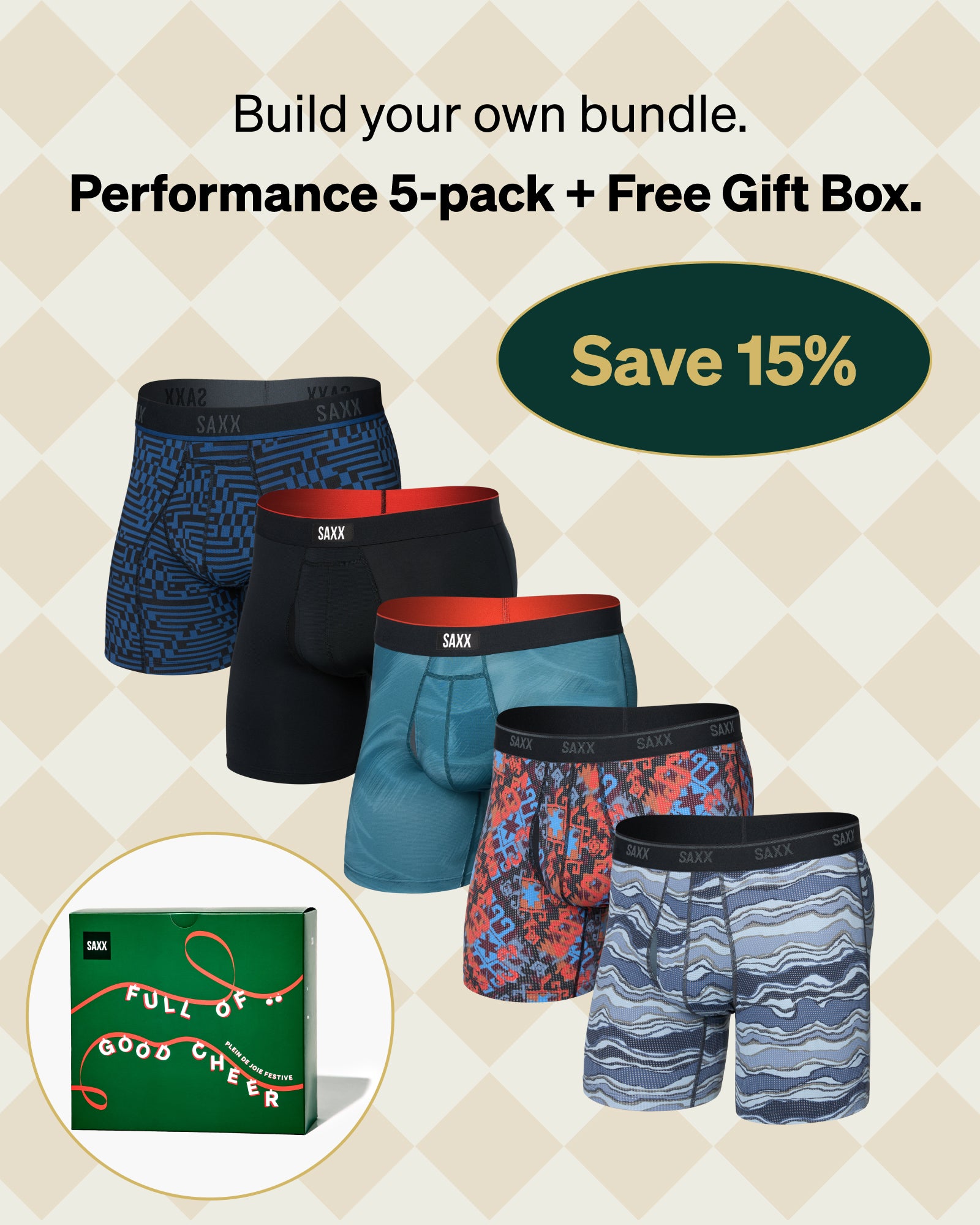 Five pairs of men's boxer briefs with a promotional message on a patterned background.