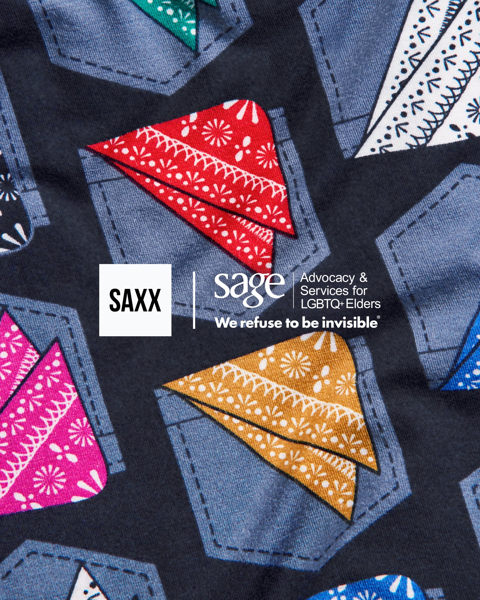 Fabric with colorful prints and SAXX and Sage logos.
