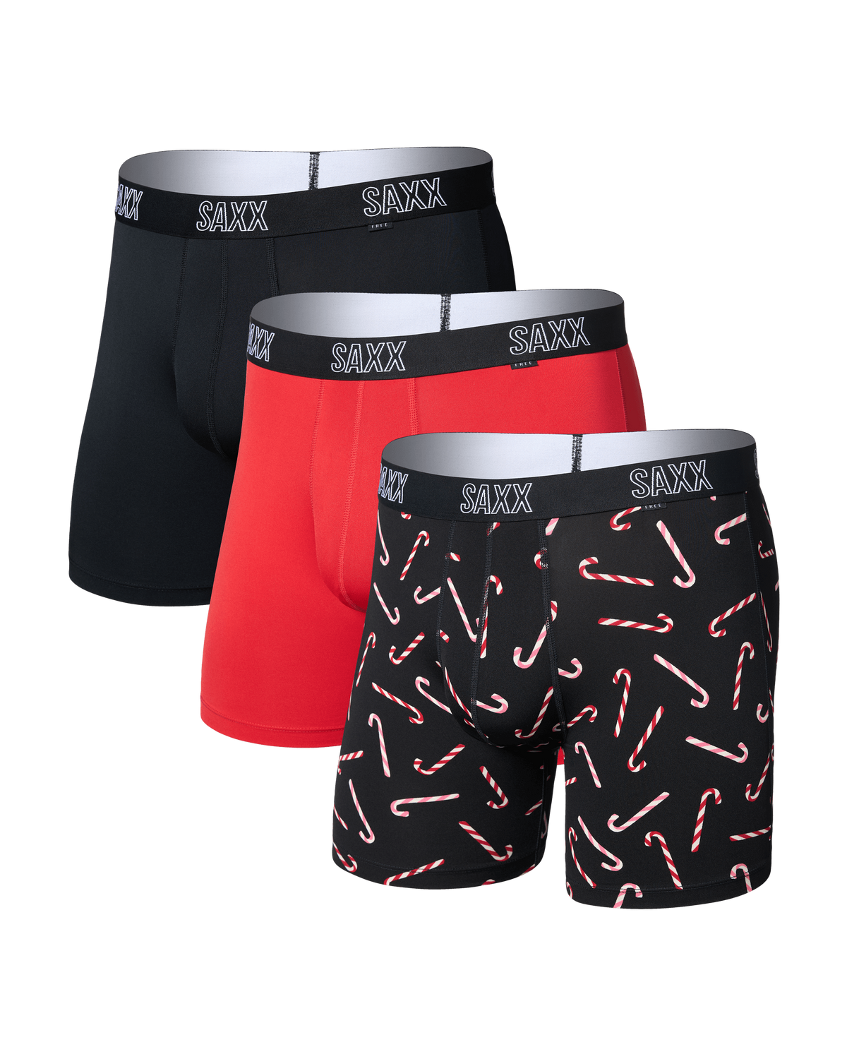 Front of DropTemp All Day Cooling Boxer Brief 3 Pack in Candy Cane/Red/Black