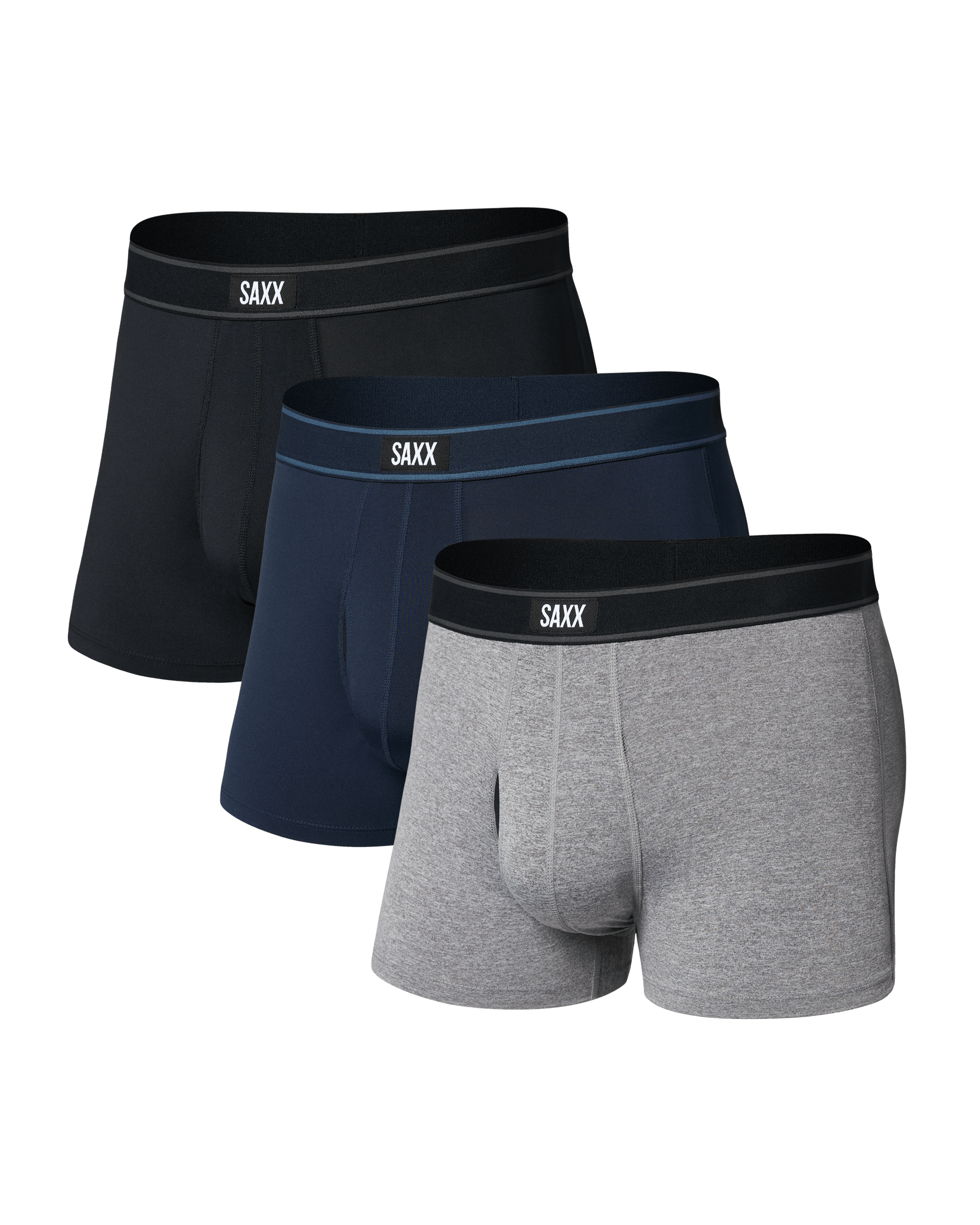 Front of Daytripper Comfort Stretch Trunk Fly 3Pk in Black/Grey/Navy