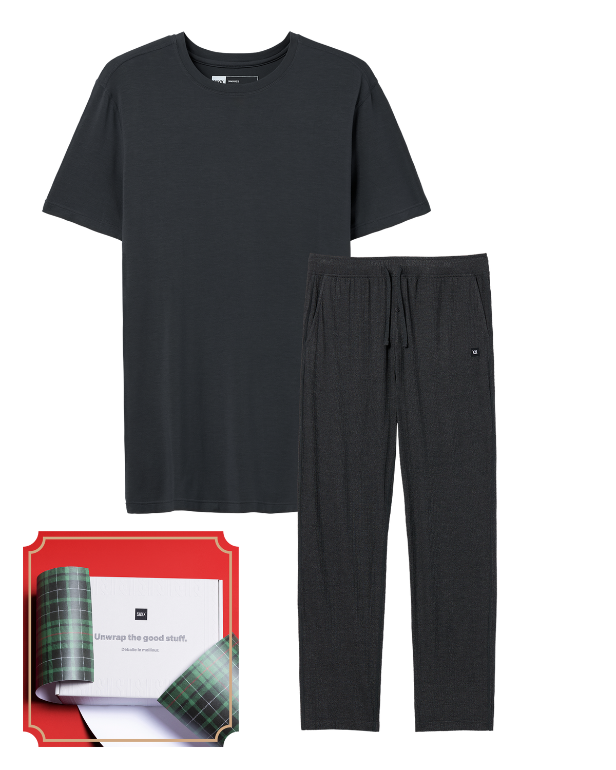 Front of Snooze Cabin Luxe Gift Set in Washed Black with a SAXX "Unwrap the good stuff." gift box in the bottom left corner