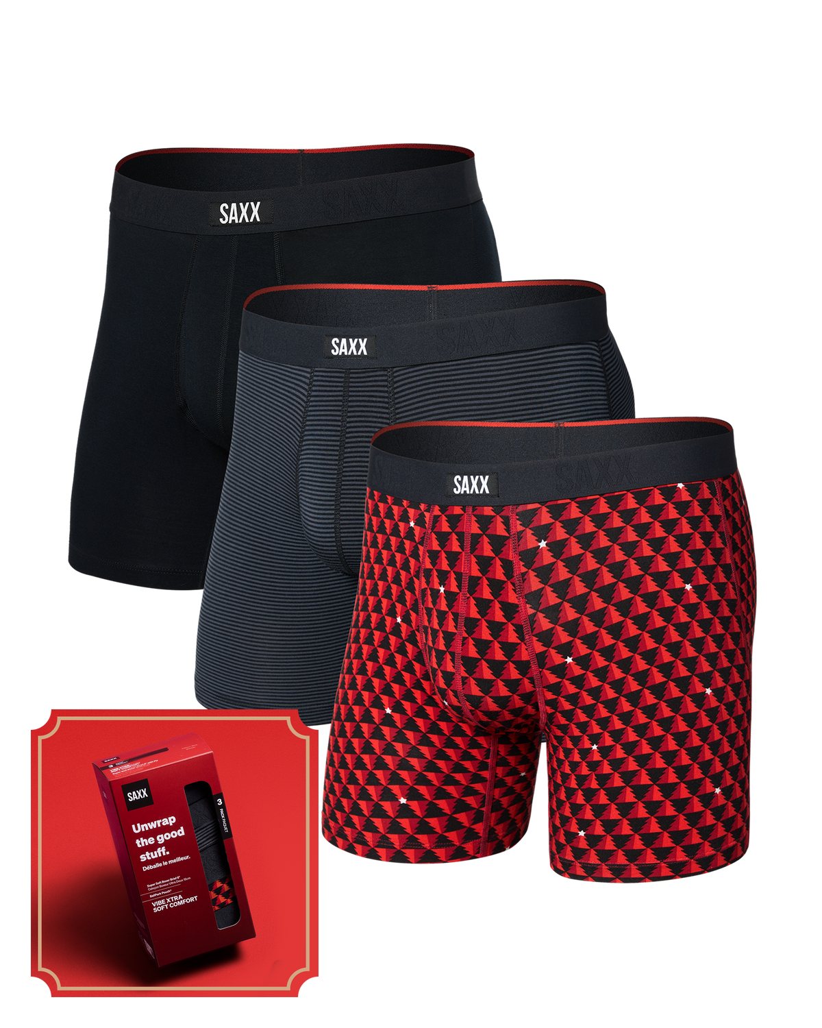 Front of Vibe Xtra Soft Comfort Boxer Brief 3 Pack in Tree Farm/Mini Stripe/Black with a red SAXX gift box in the bottom left corner