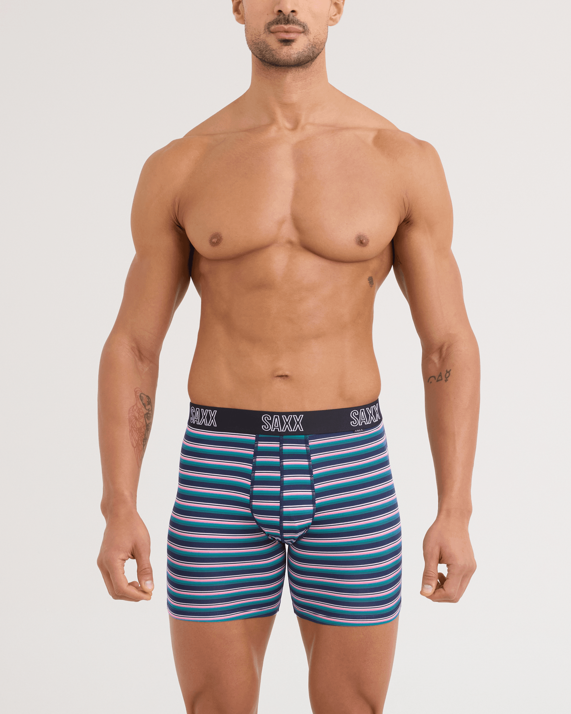 Front - Model wearing DropTemp All Day Cooling Boxer Brief in Micro Field Stripe-Navy