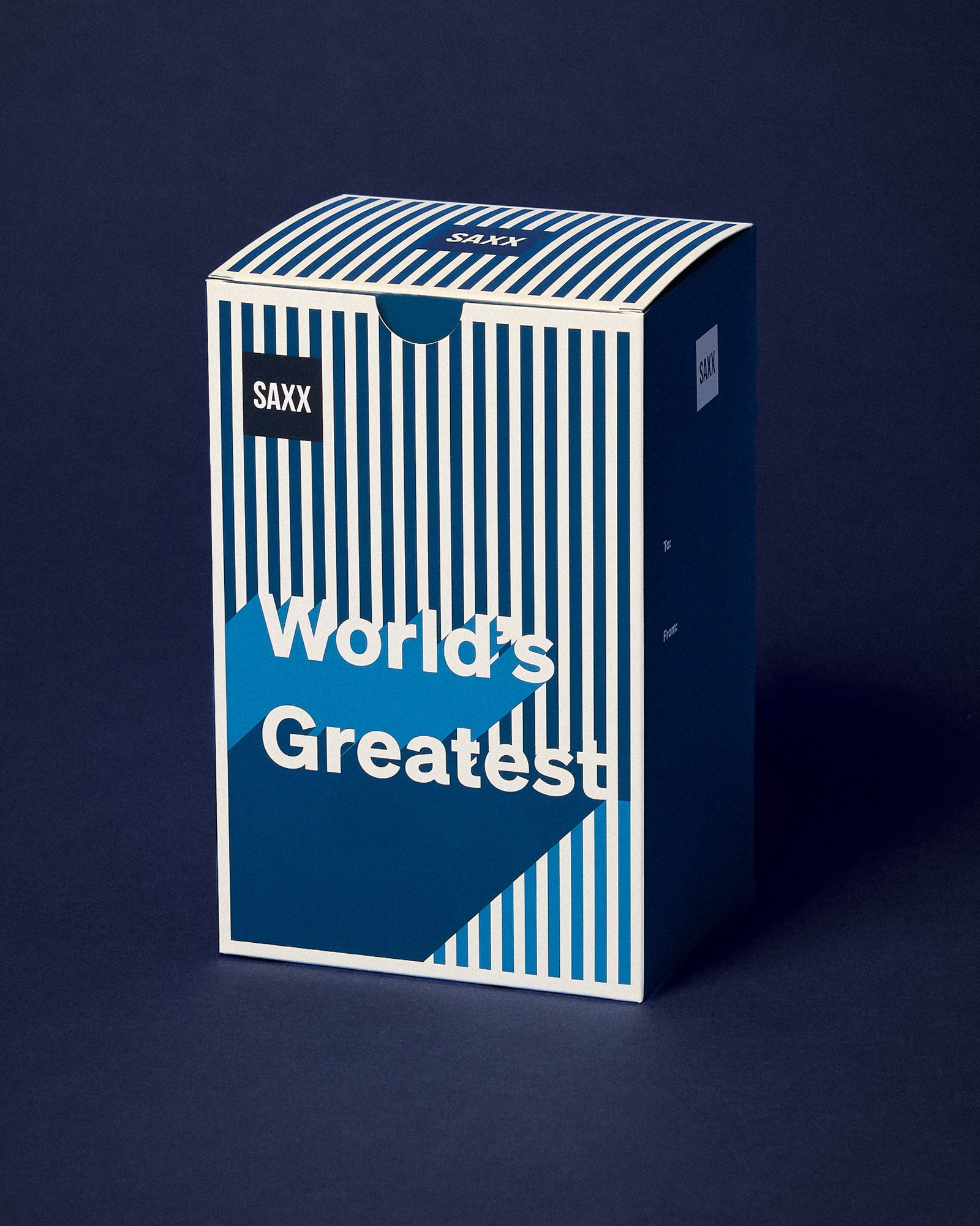Father's Day blue and white striped gift box that says "World's Greatest"