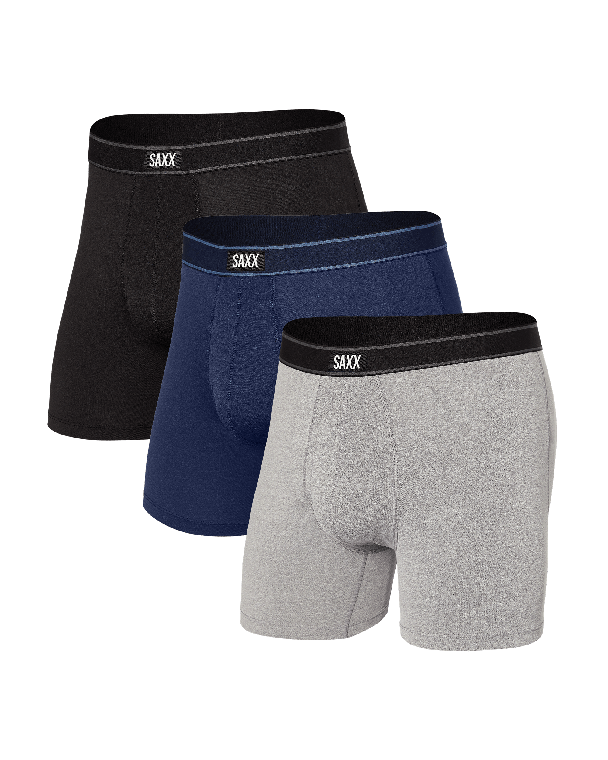 Front of Daytripper Boxer Brief Fly 3Pack in Black/Grey/Navy
