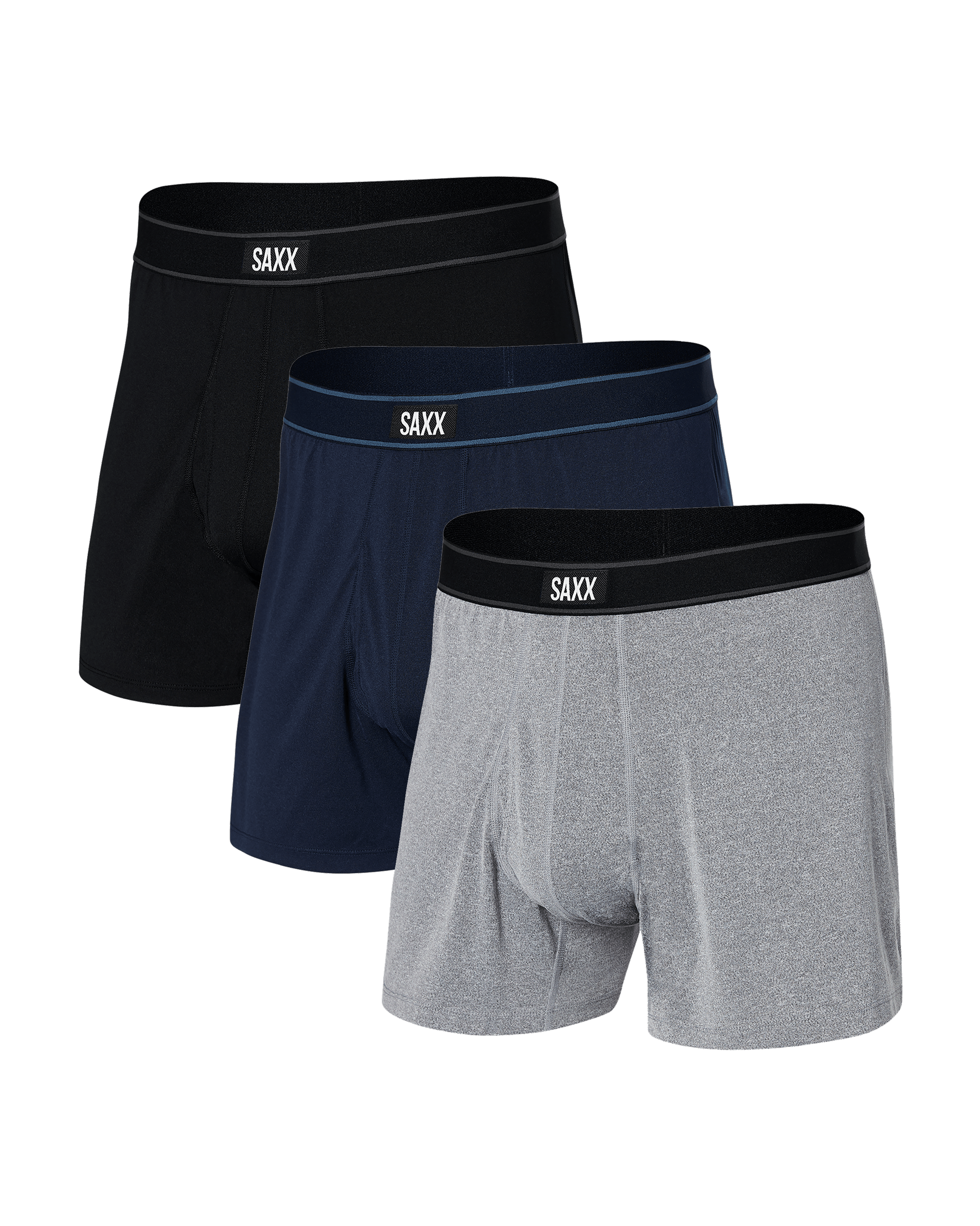 Front of Daytripper Loose Boxer Fly 3-Pack in Black/Navy Heather/Grey Heather