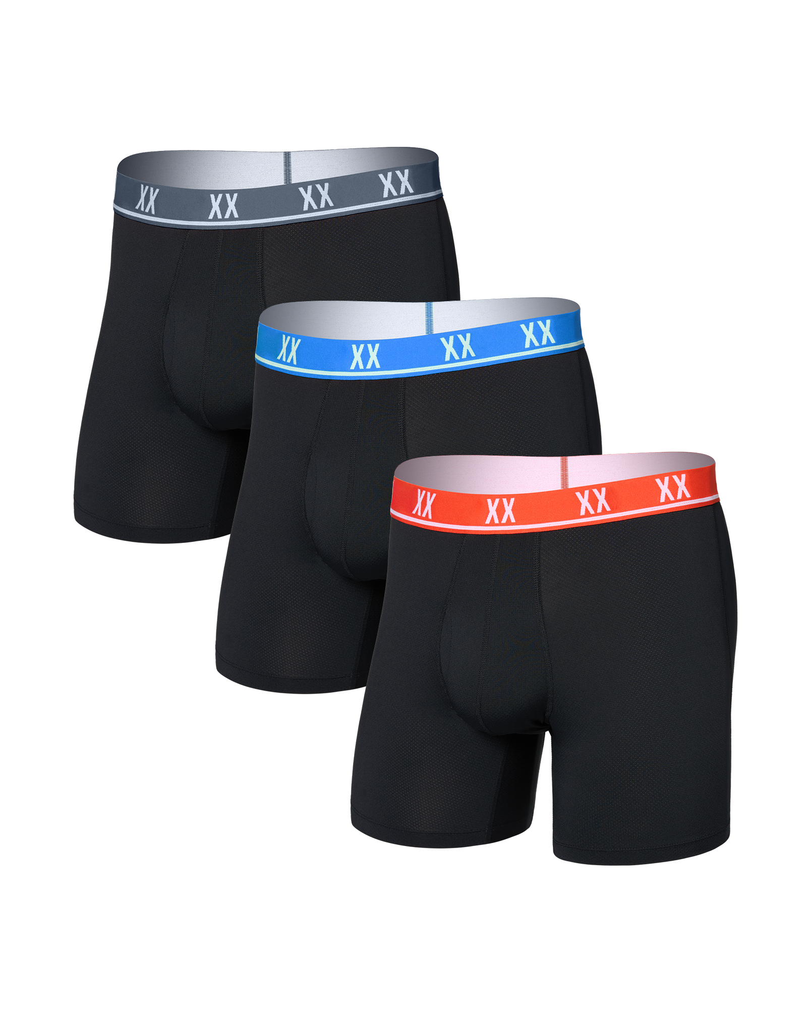 Front of Essential Performance Mesh Boxer Brief 3 Pack in Black-Vermillion WB/Bold Blue WB/Turbulence WB