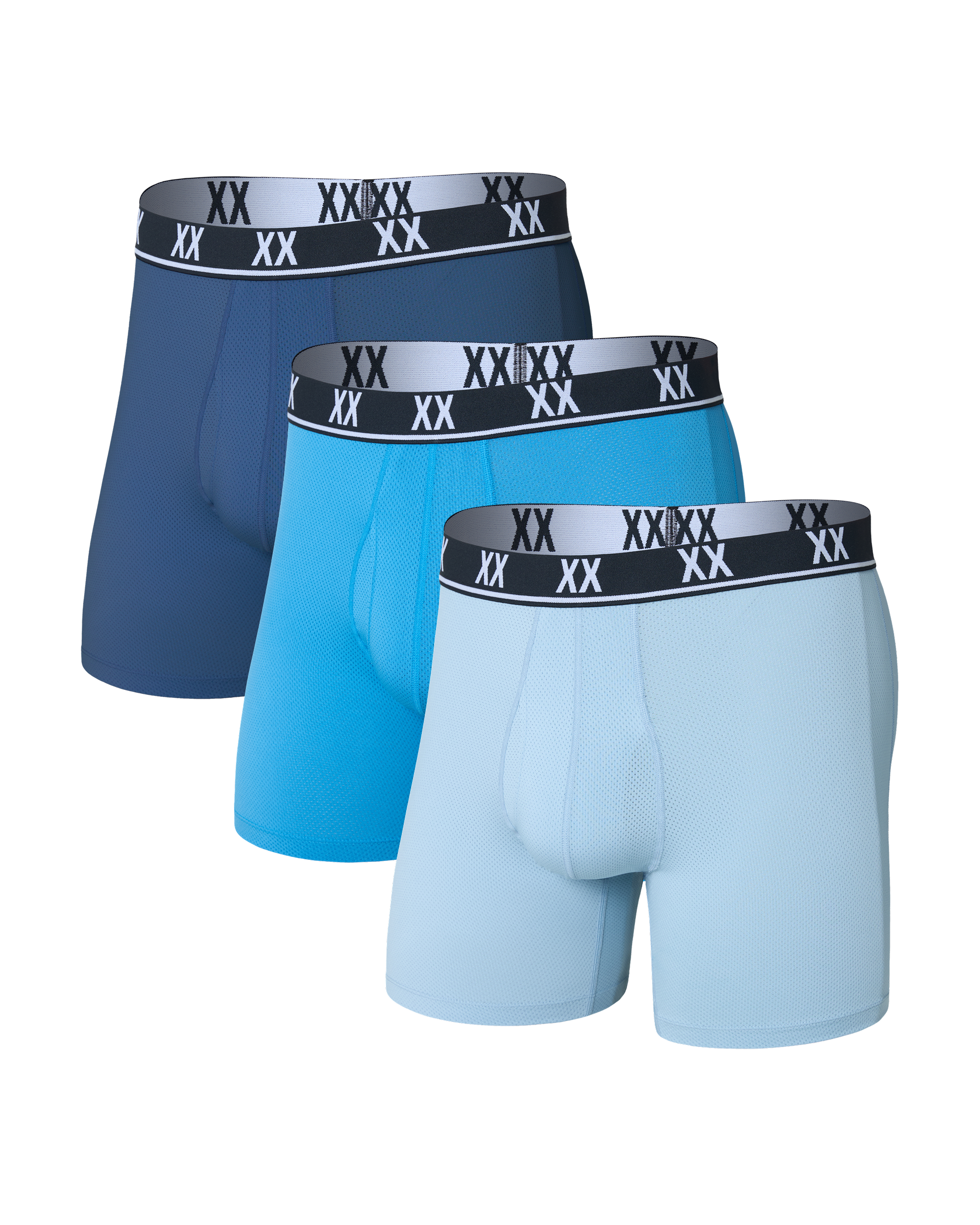 Front of Essential Performance Mesh Boxer Brief 3 Pack in Dark Denim/River Blue/Blue Fog