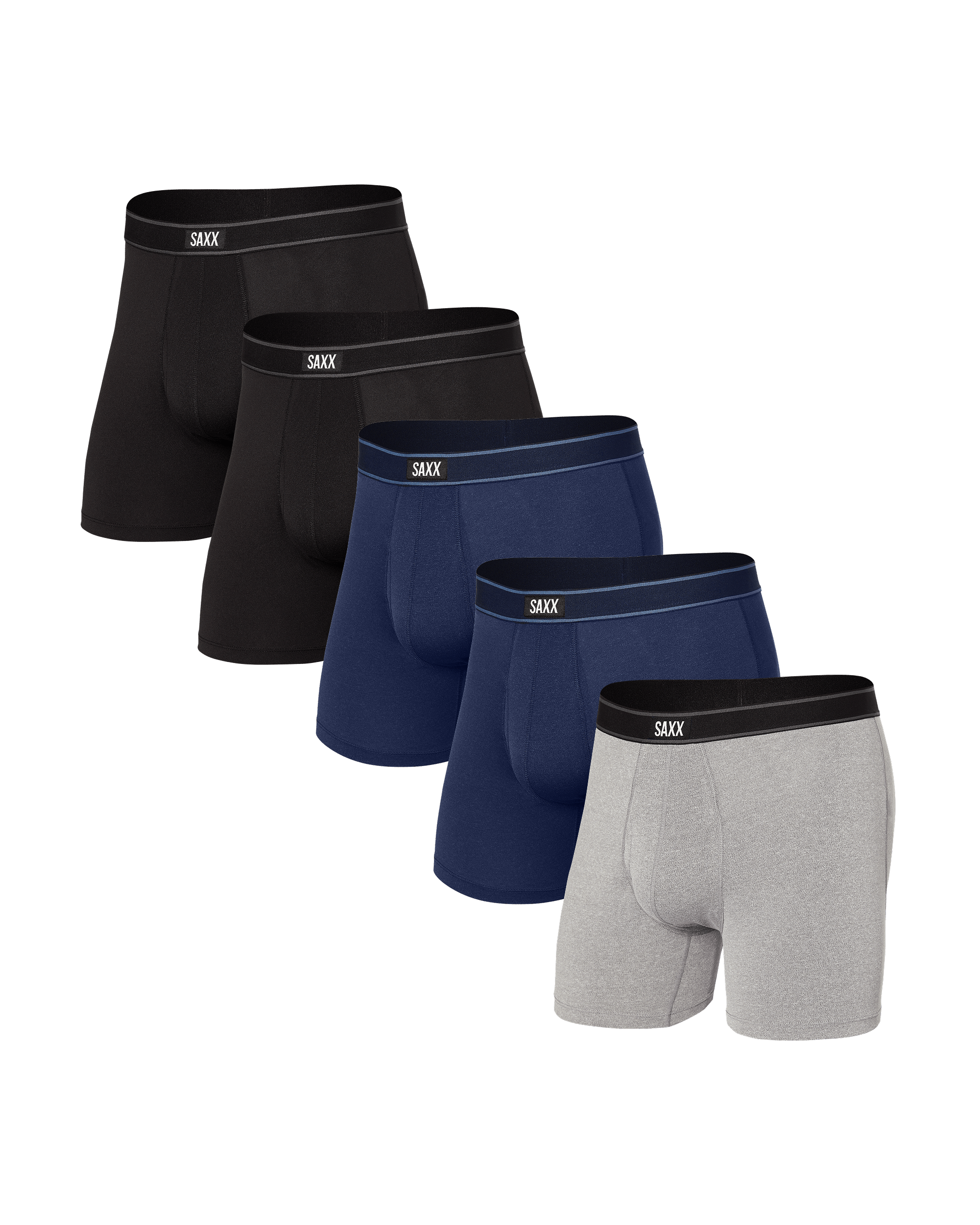 Front of Daytripper Boxer Brief Fly 5 Pack in Black/Grey/Navy