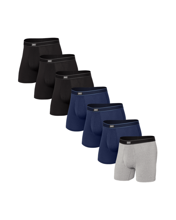 Front of Daytripper Boxer Brief Fly 7 Pack in Black/Grey/Navy