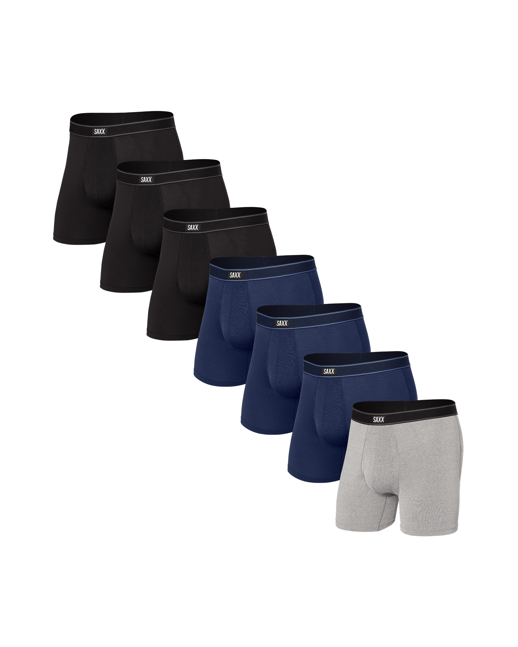 Front of Daytripper Boxer Brief Fly 7 Pack in Black/Grey/Navy