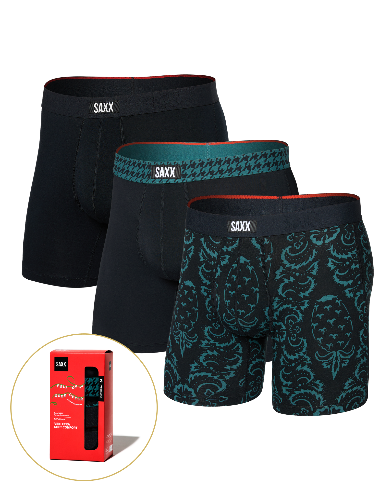 Front of Vibe Xtra Soft Comfort Boxer Brief Fly 3 Pack in Pineapple/Houndstooth/Black