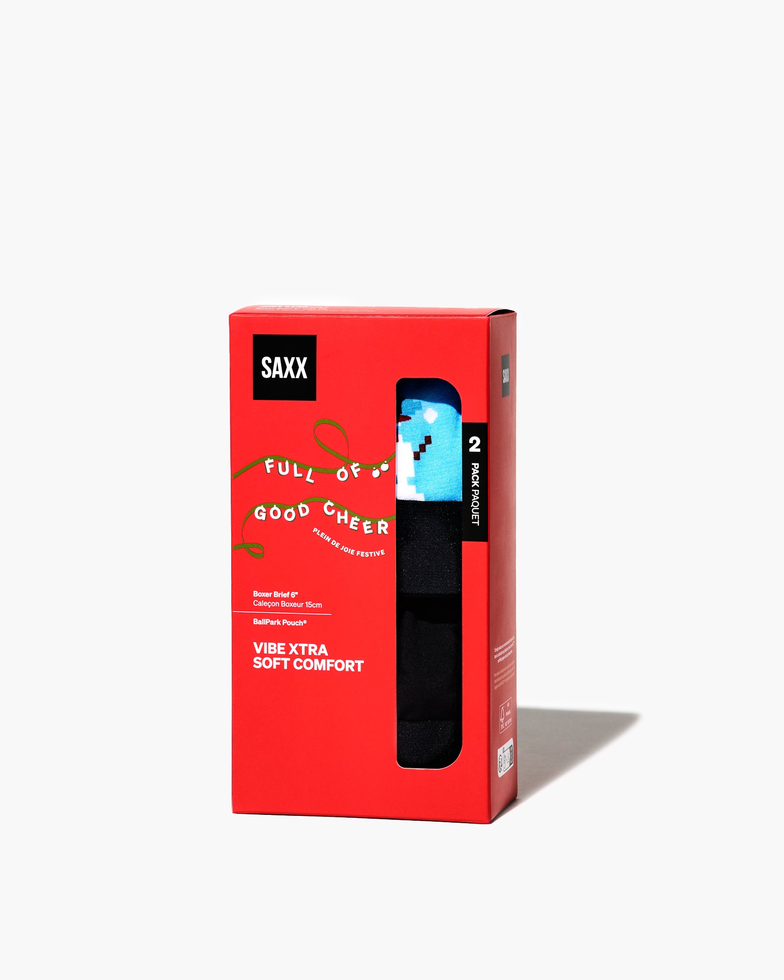 Red packaging box with SAXX branding on a white background