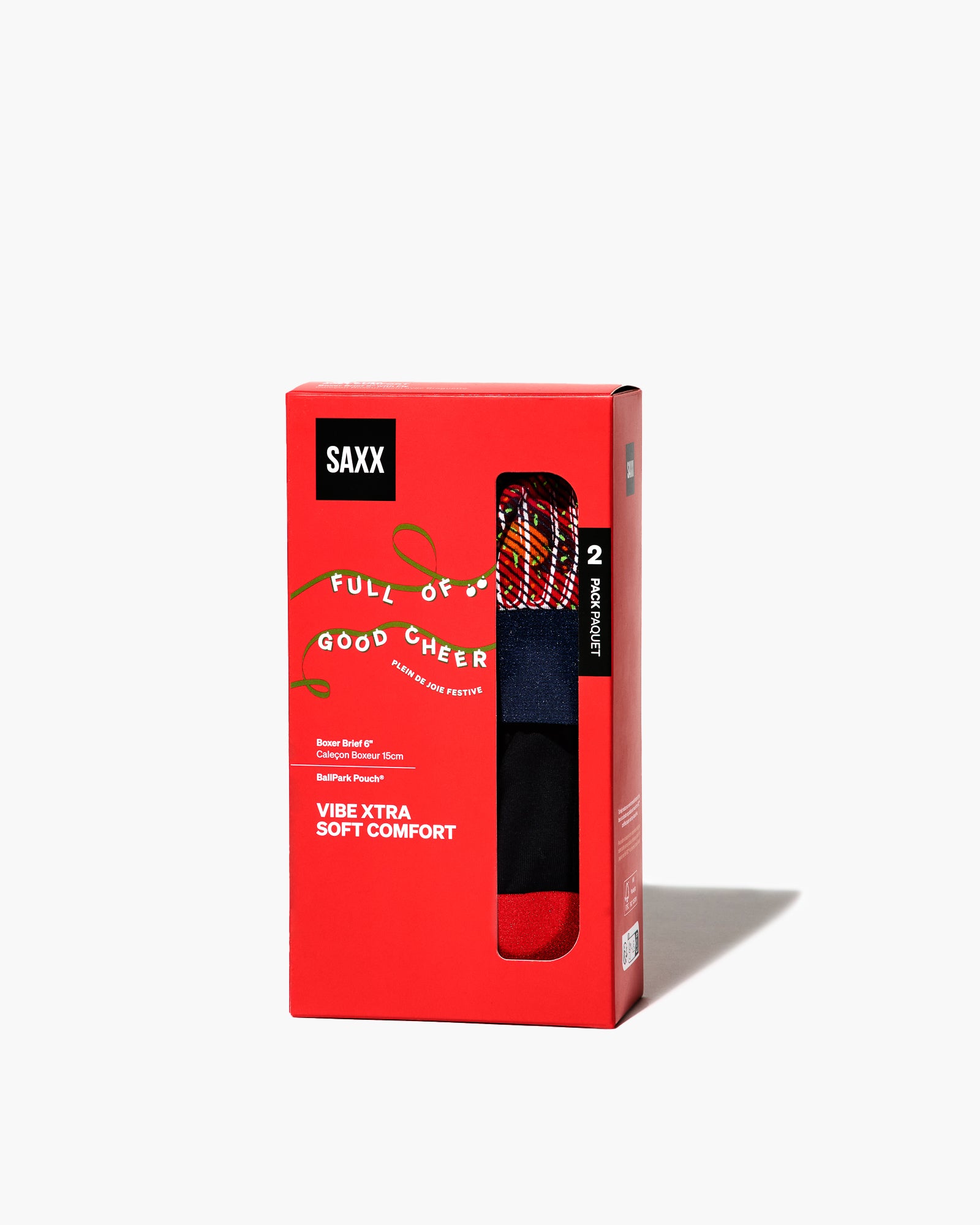 Red packaging box for Saxx underwear with brand name and product details on a white background