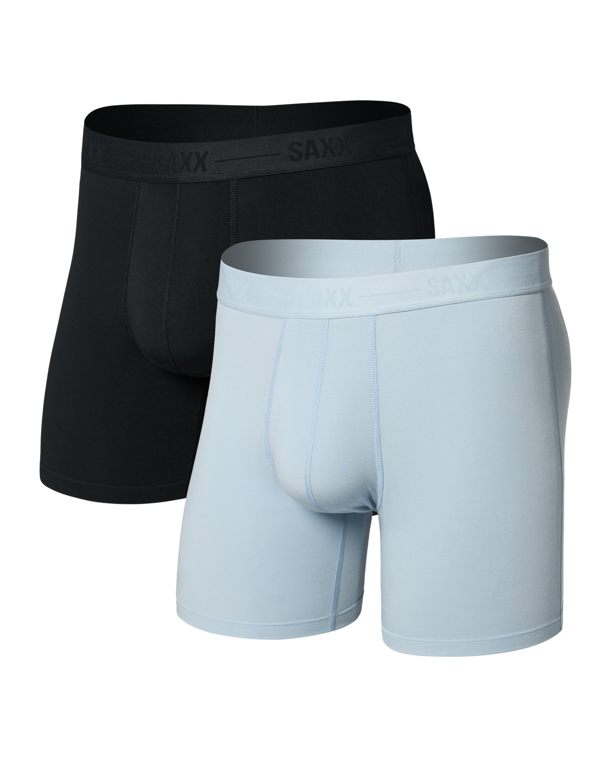 Two pairs of SAXX underwear, one black and one blue, on a white background.