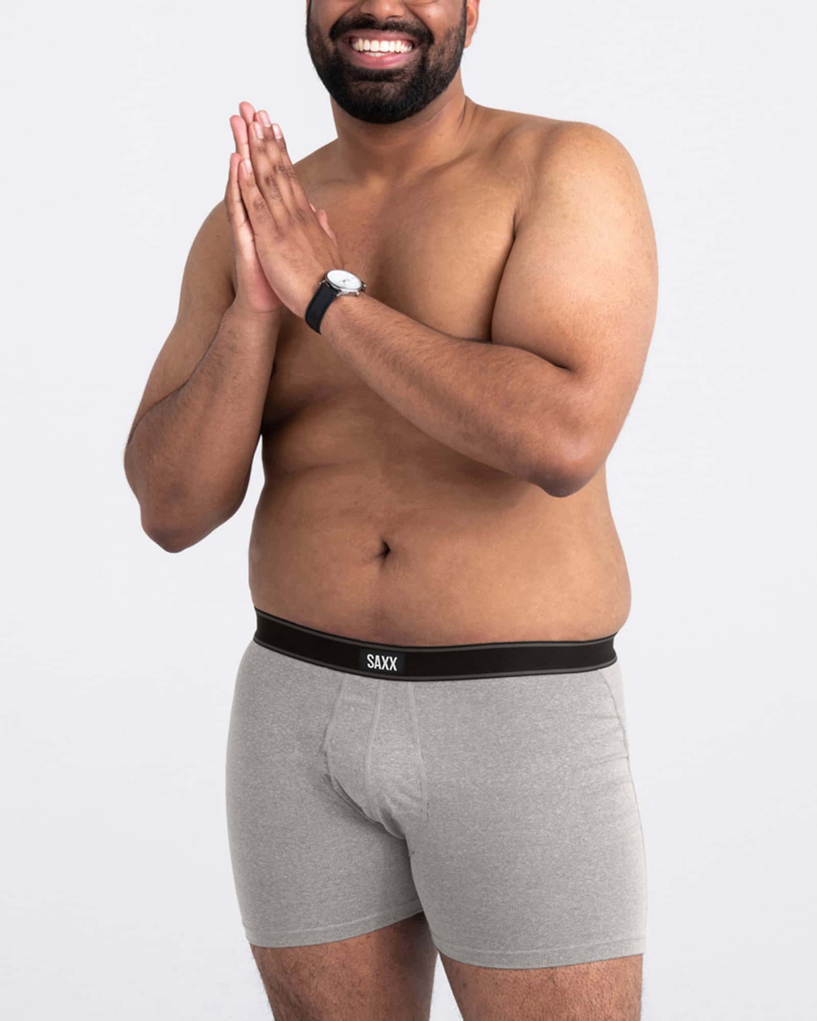 Front - Model wearing Daytripper Boxer Brief Fly 2 Pack in Black/Grey Heather