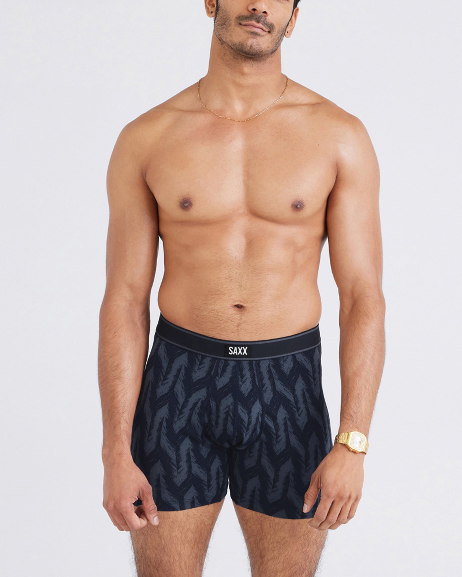 Front - Model wearing Daytripper Boxer Brief Fly in Ikat Chevron-Deep Navy