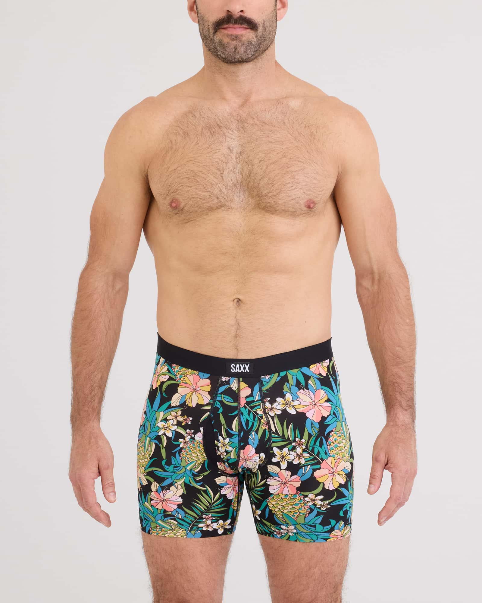 Front - Model wearing Daytripper Comfort Stretch Boxer Brief Fly in Pineapple Field-Black