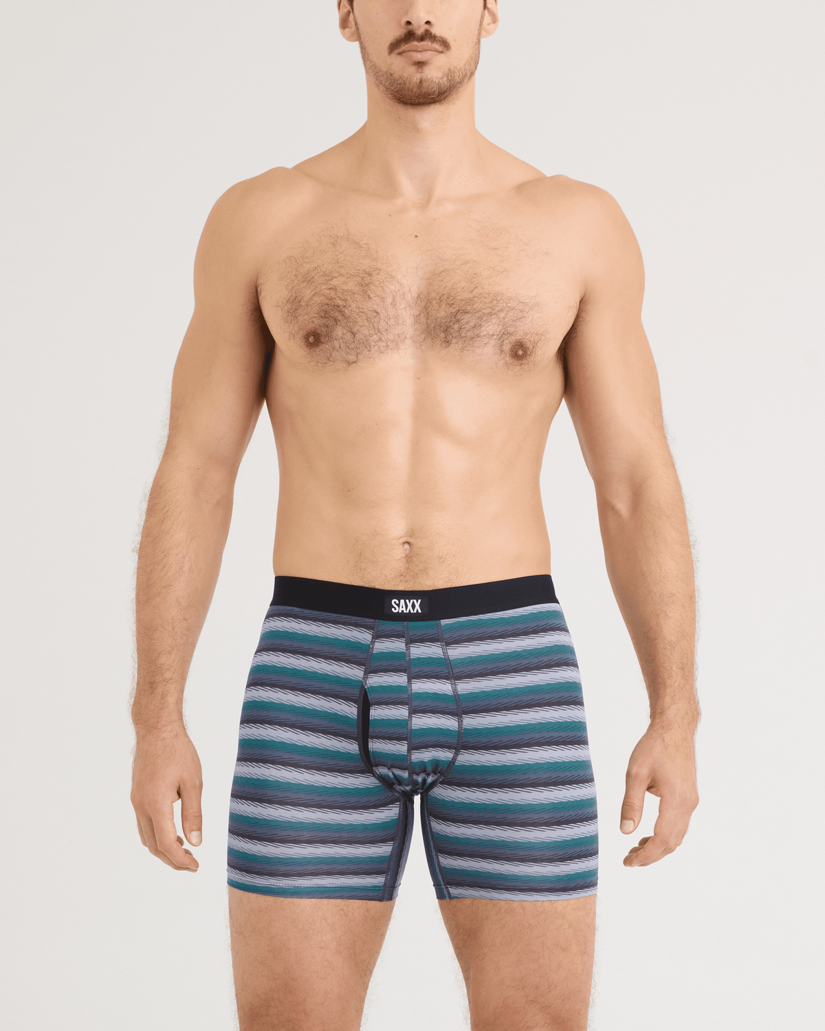 Back - Model wearing Daytripper Comfort Stretch Boxer Brief 3 Pack in Golf Sweater/Simple Stripe/Dark Ink