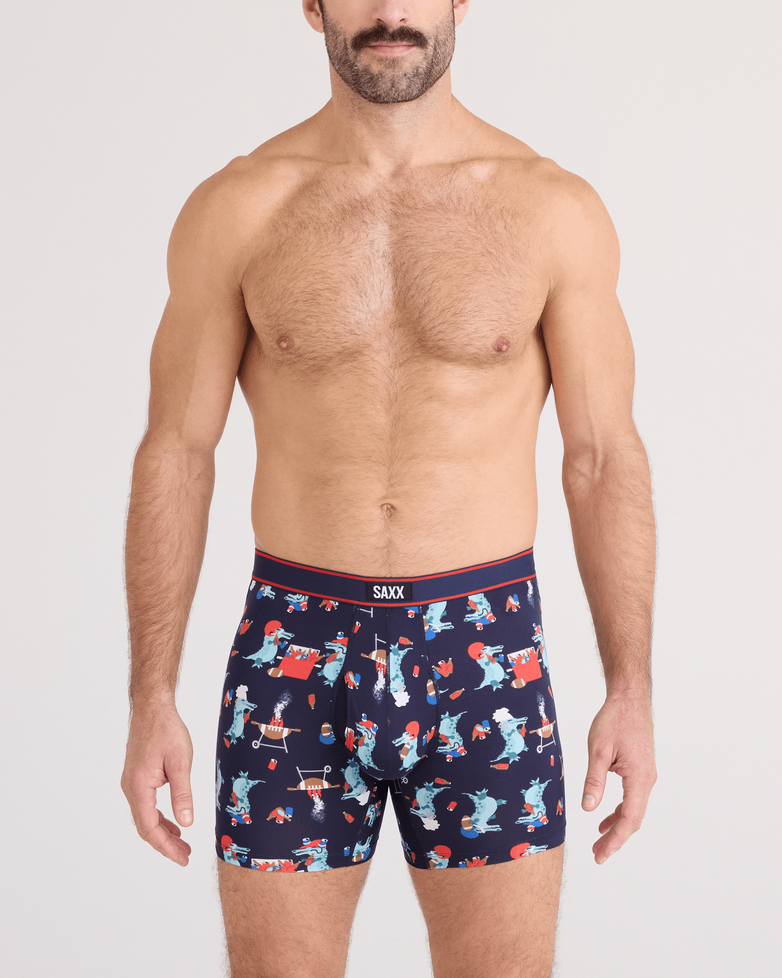 Front - Model wearing Daytripper Comfort Stretch Boxer Brief Fly in Tailgator BBQ-Maritime