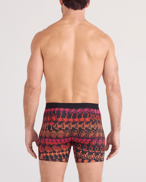 Back - Model wearing Daytripper Comfort Stretch Boxer Brief Fly in Tropical Lineup-Black