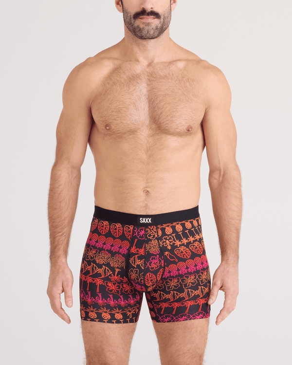 Front - Model wearing Daytripper Comfort Stretch Boxer Brief Fly in Tropical Lineup-Black
