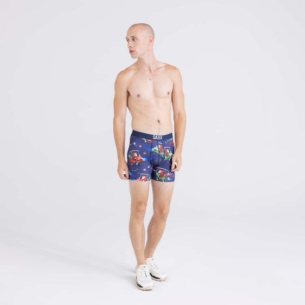 Front - Model wearing Volt Breathable Mesh Boxer Brief in Open Sleigh-Navy