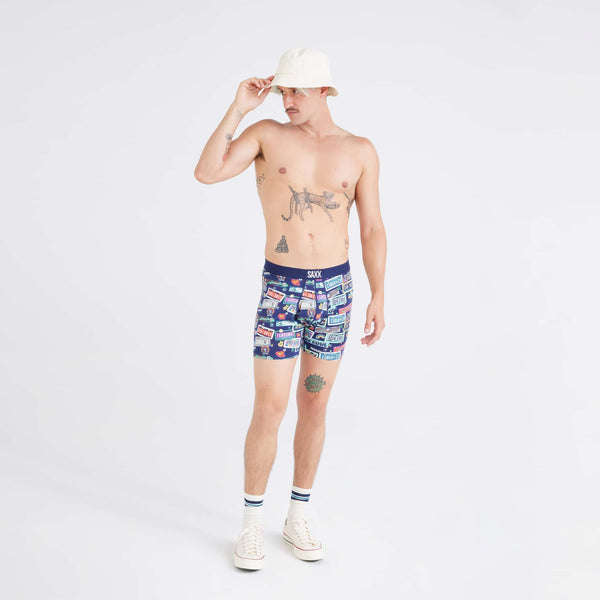 Front - Model wearing Ultra Super Soft Boxer Brief in Vanity Plates-Maritime