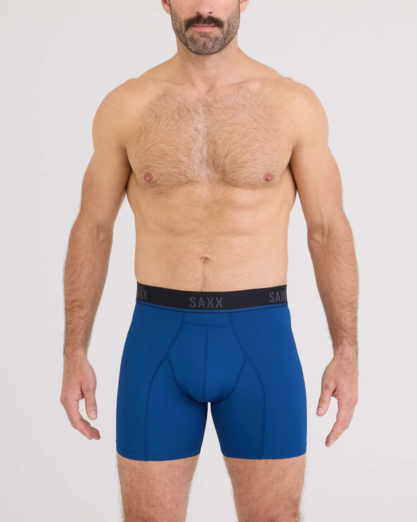 Front - Model wearing Kinetic Light-Compression Mesh Boxer Brief in Navy Dawn
