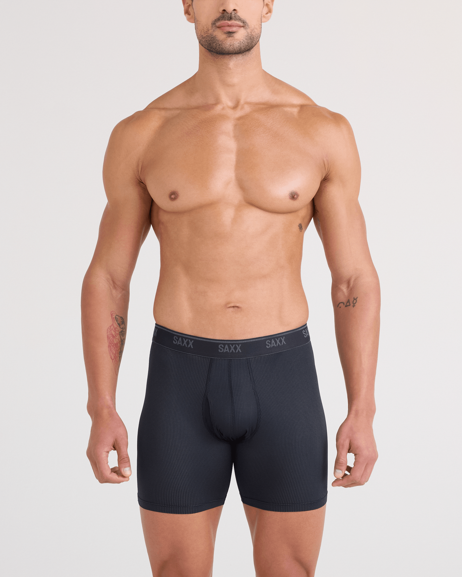 Front - Model wearing Quest Quick-Dry Mesh Boxer Brief Fly in Black