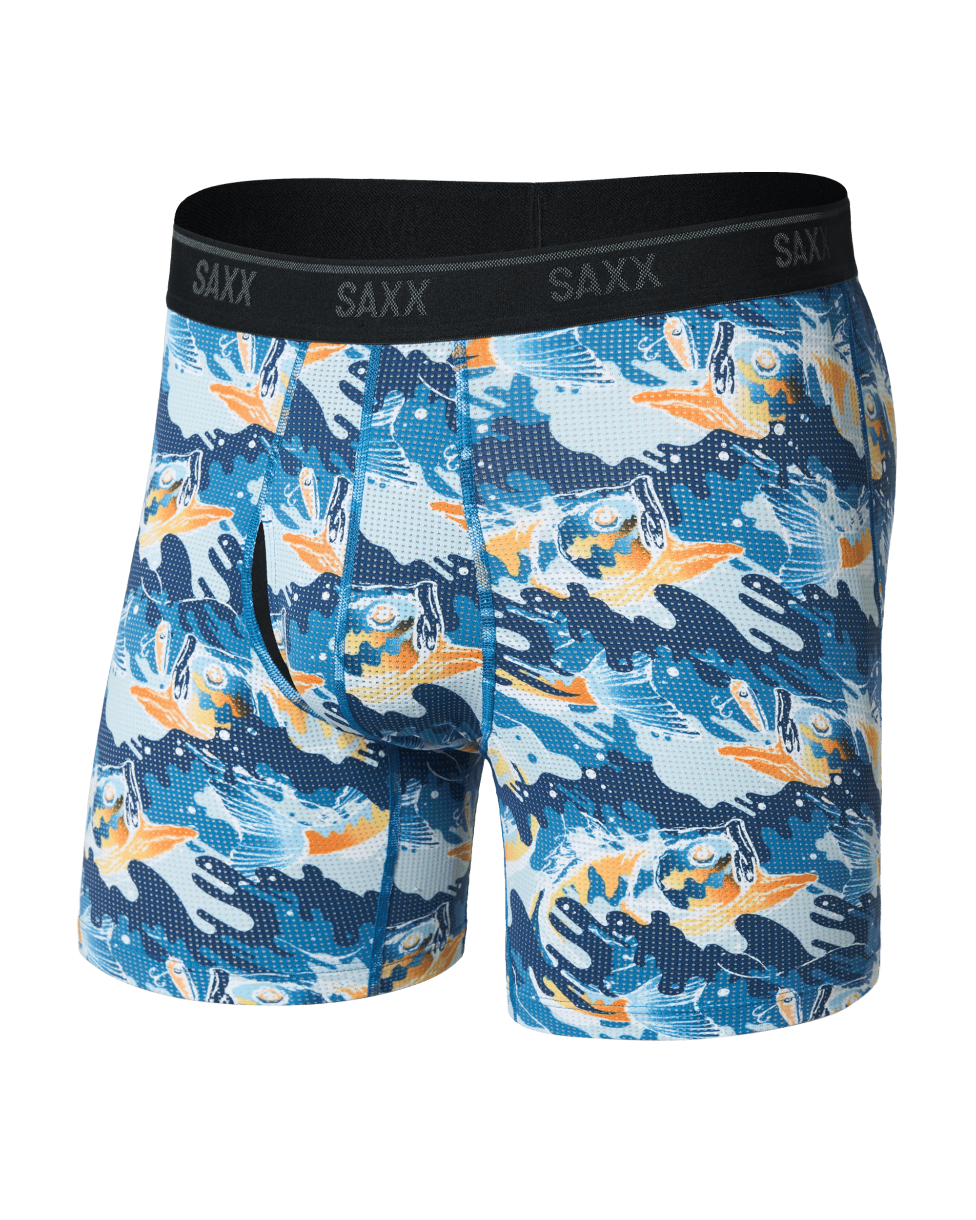 Front of Quest Quick-Dry Mesh Boxer Brief Fly in Big Mouth Bass-Blue