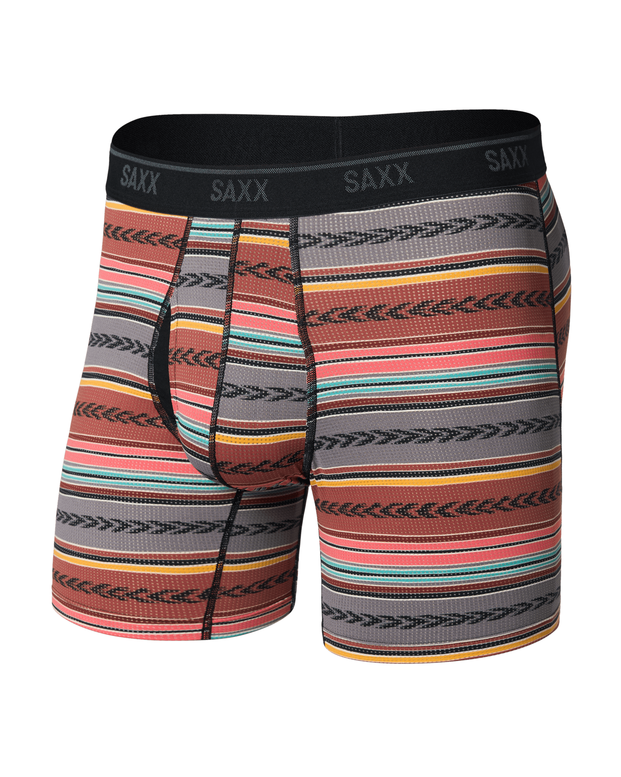 Front of Quest Quick-Dry Mesh Boxer Brief Fly in Globetrekker Stripe-Multi