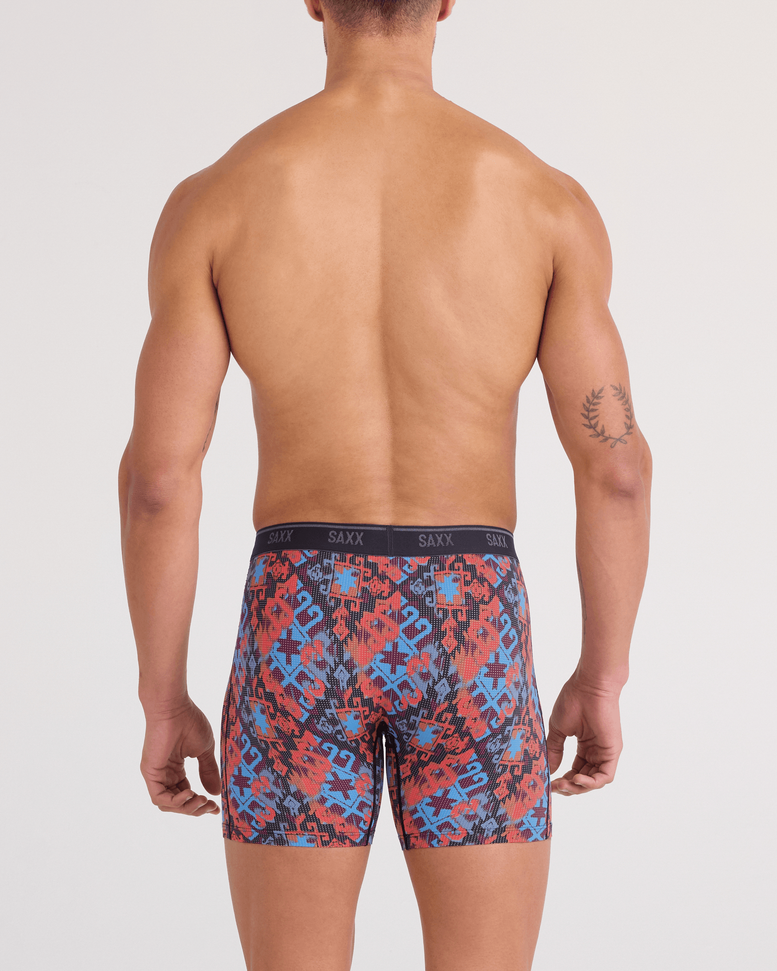 Back - Model wearing Quest Quick-Dry Mesh Boxer Brief Fly in Heritage Weave-Multi