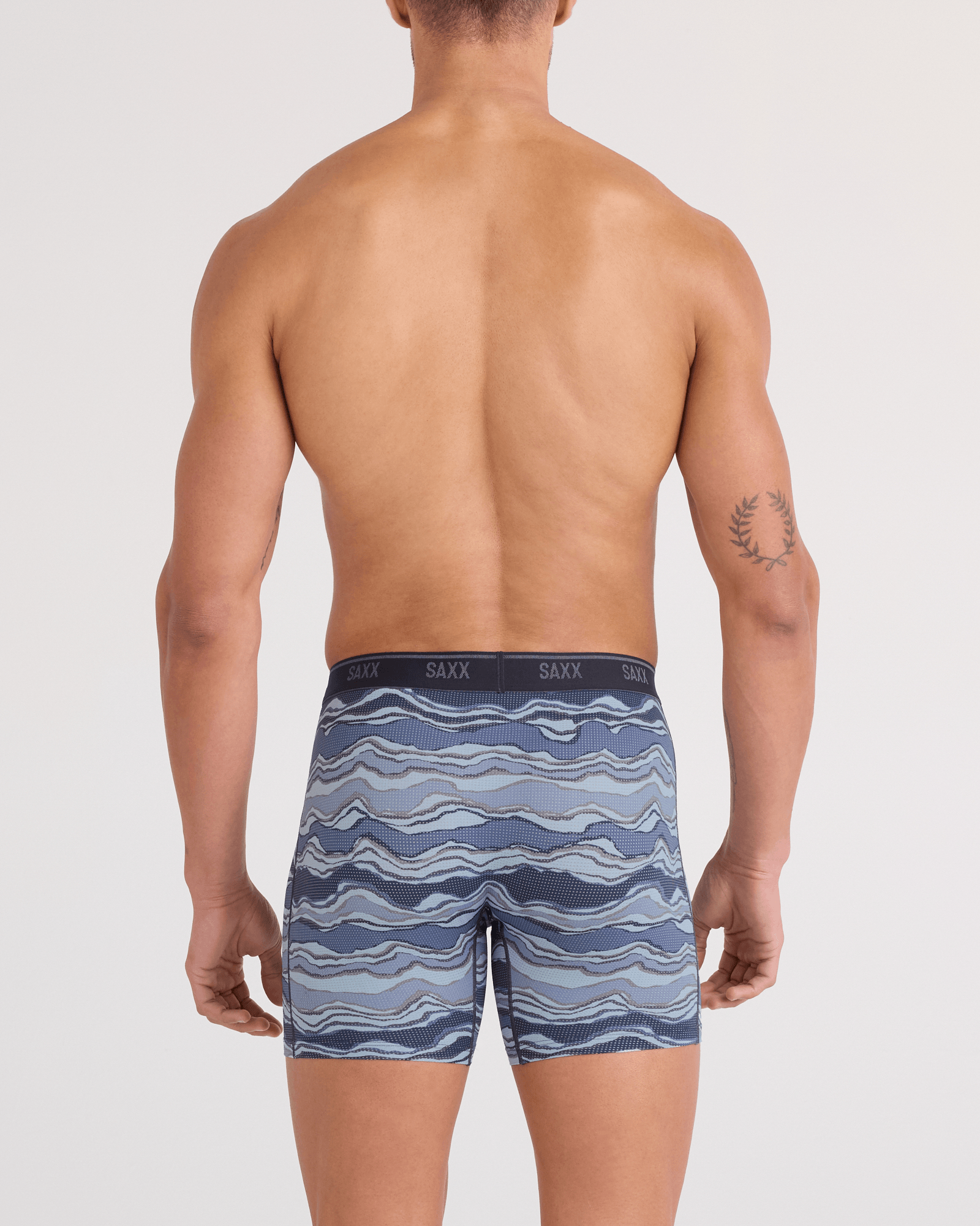 Back - Model wearing Quest Quick-Dry Mesh Boxer Brief Fly in Lazy River-Multi