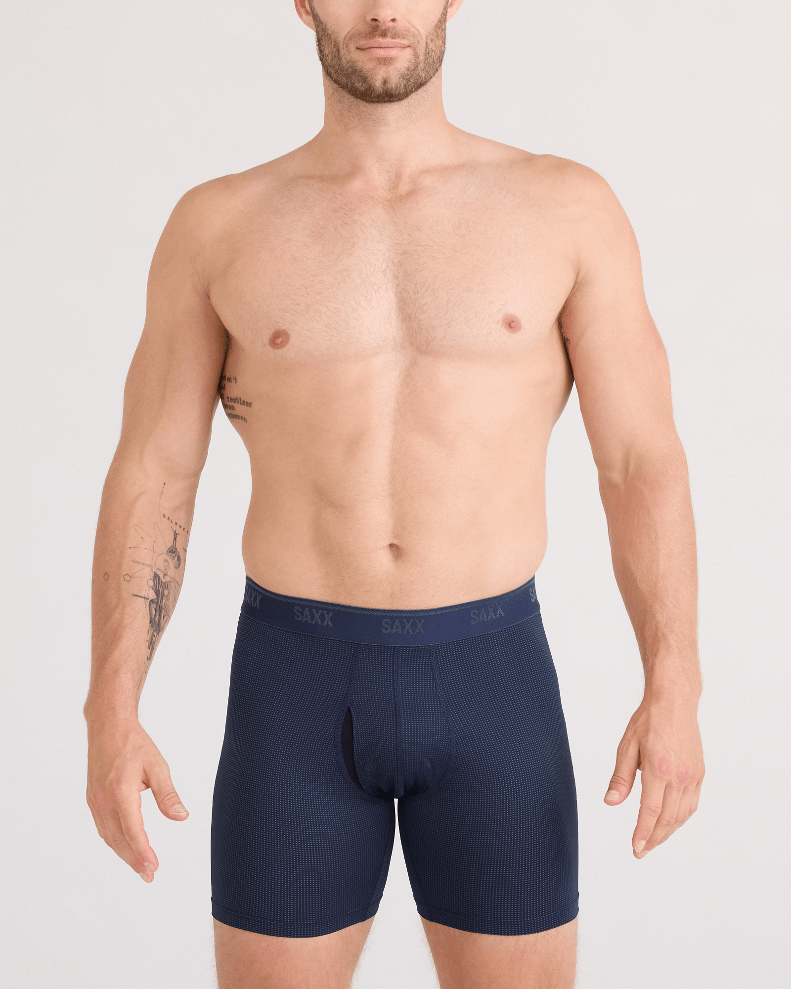 Front - Model wearing Quest Quick-Dry Mesh Boxer Brief Fly in Maritime