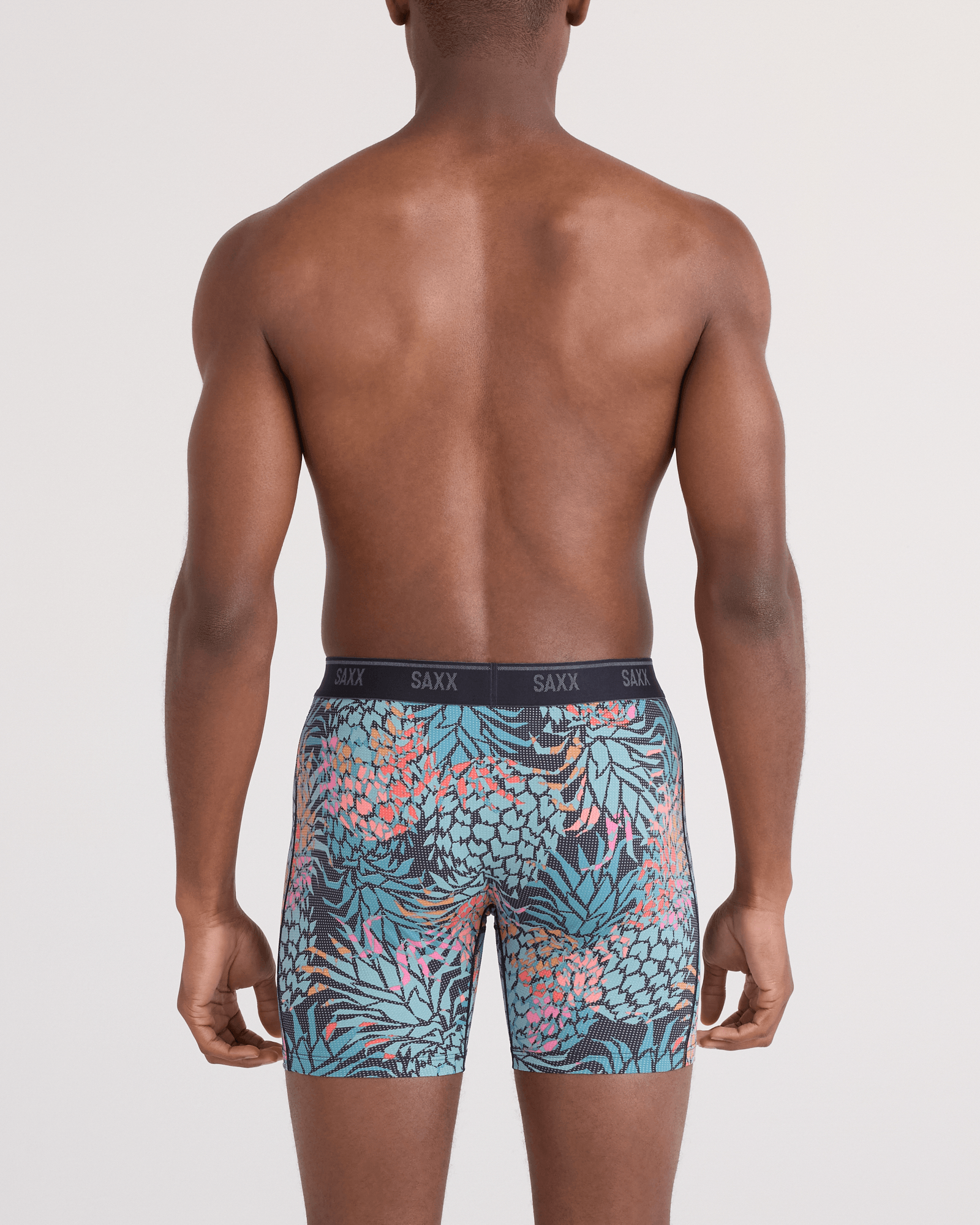 Back - Model wearing Quest Quick-Dry Mesh Boxer Brief Fly in Pineapple Patch-Multi