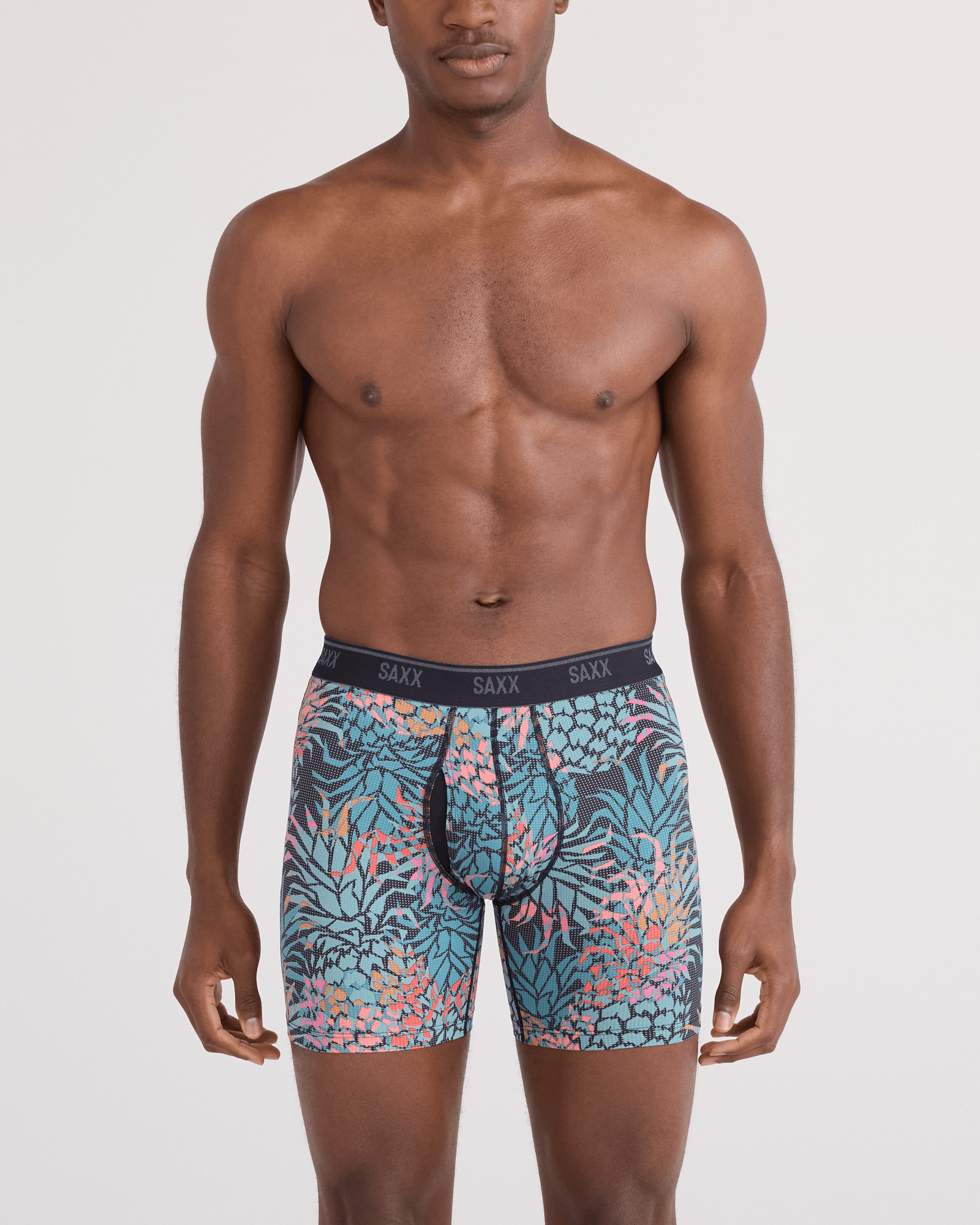 Front - Model wearing Quest Quick-Dry Mesh Boxer Brief Fly in Pineapple Patch-Multi