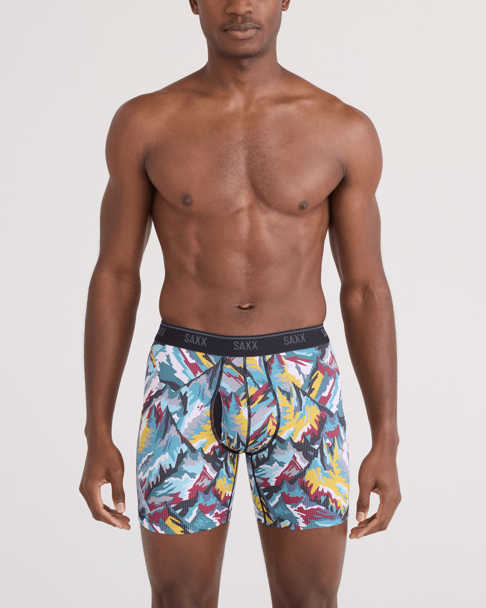 Front - Model wearing Quest Quick-Dry Mesh Boxer Brief Fly in Prism Peaks-Multi