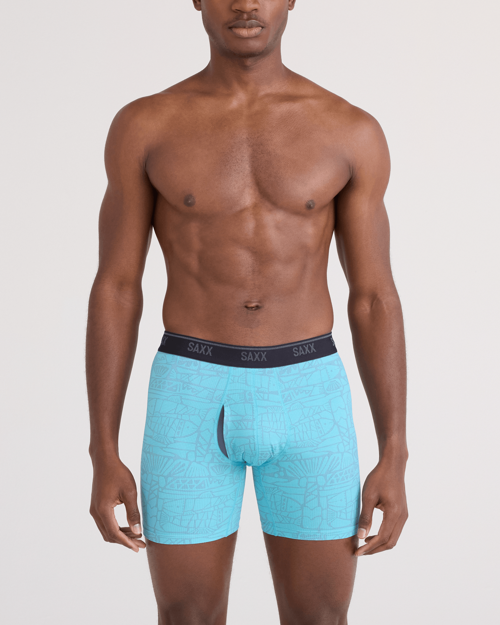 Front - Model wearing Quest Quick-Dry Mesh Boxer Brief Fly in Tile Fish-Sea Level