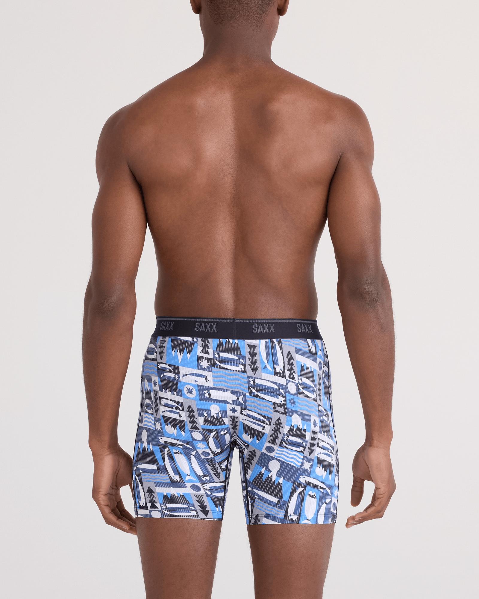 Back - Model wearing Quest Quick-Dry Mesh Boxer Brief Fly in Winter Angler-Blue