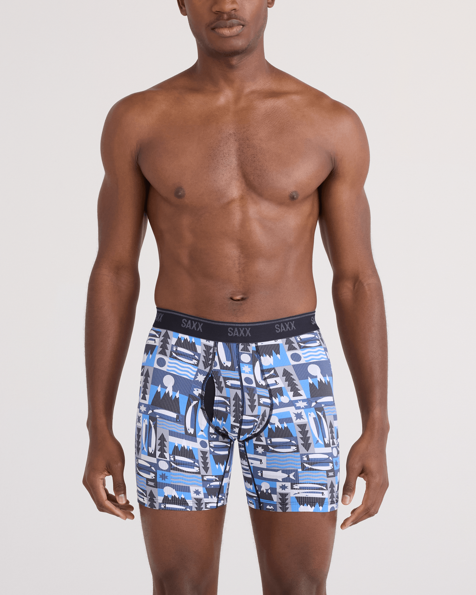 Front - Model wearing Quest Quick-Dry Mesh Boxer Brief Fly in Winter Angler-Blue