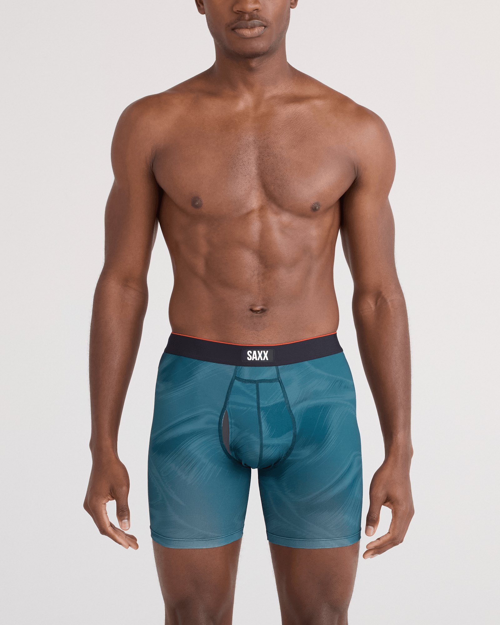 Front - Model wearing Multi-Sport Mesh Boxer Brief Fly in Platinum Camo-Rich Teal