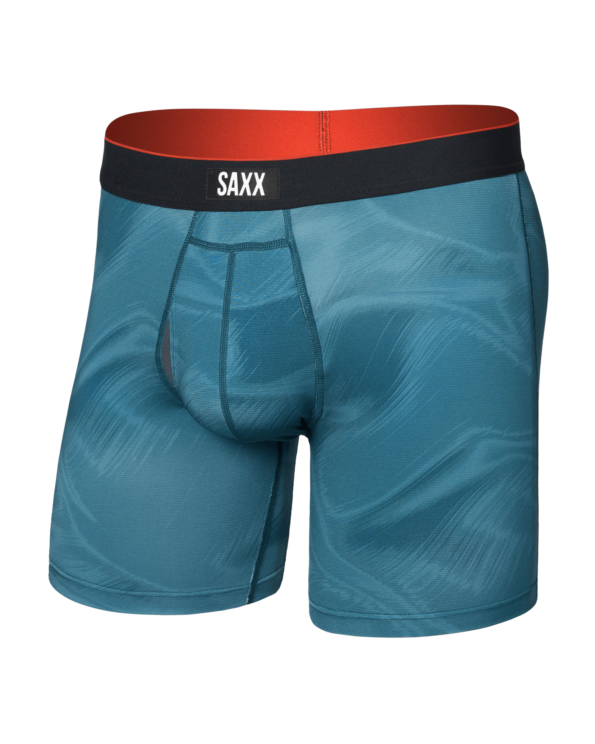 Front of Multi-Sport Mesh Boxer Brief Fly in Platinum Camo-Rich Teal