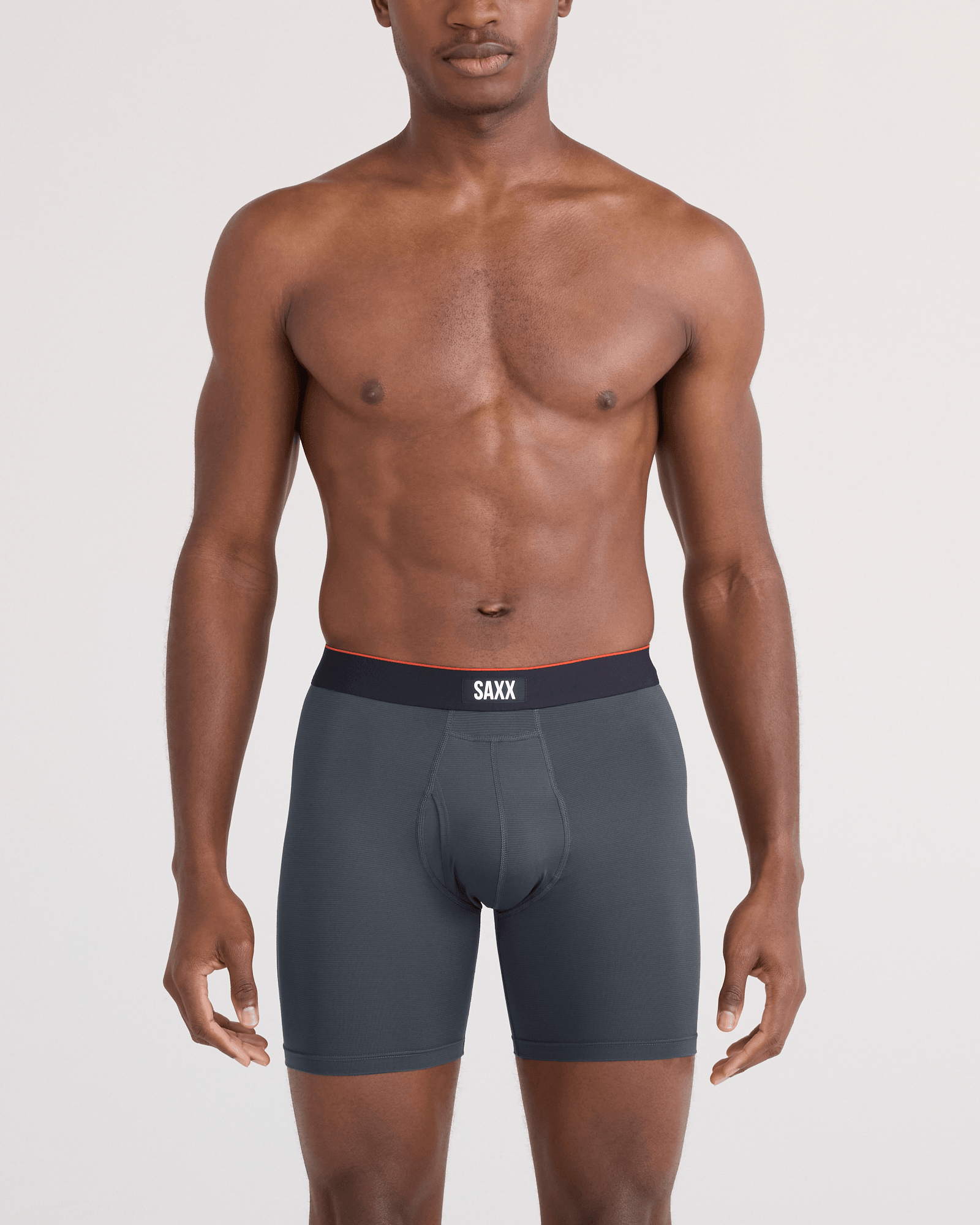 Front - Model wearing Multi-Sport Mesh Boxer Brief Fly in Turbulence/Black Waistband