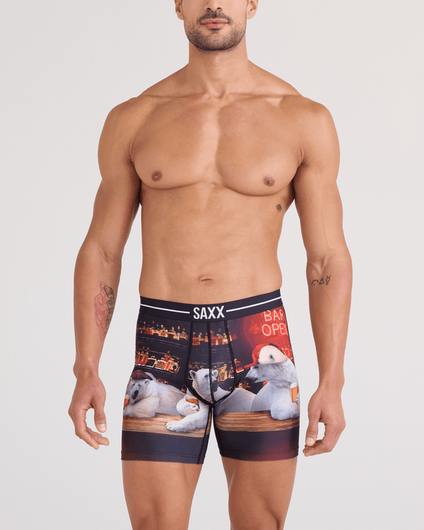 Front - Model wearing Volt Breathable Mesh Boxer Brief in Da Bears-Multi