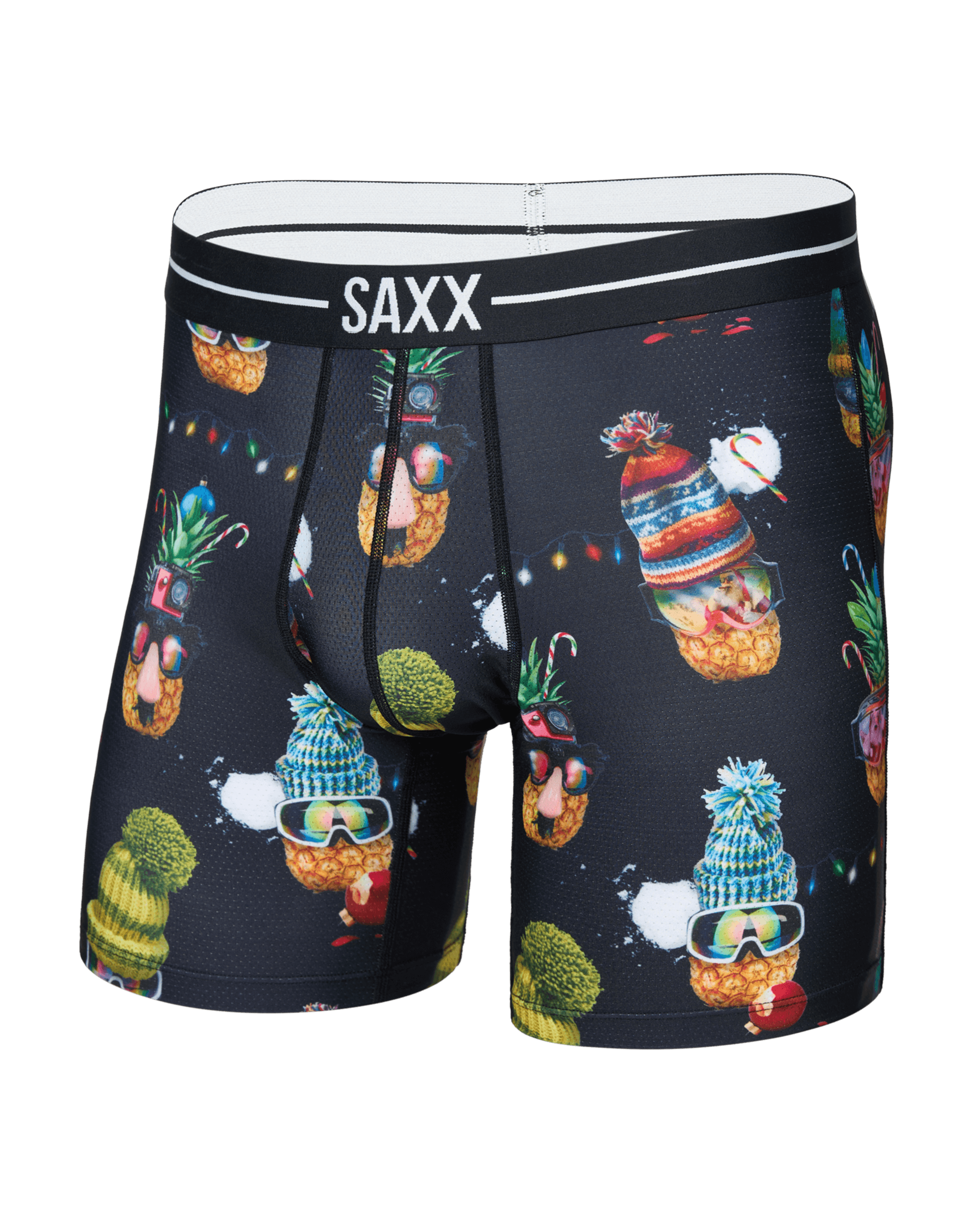 Front of Volt Breathable Mesh Boxer Brief in Deck The Pineapples-Black